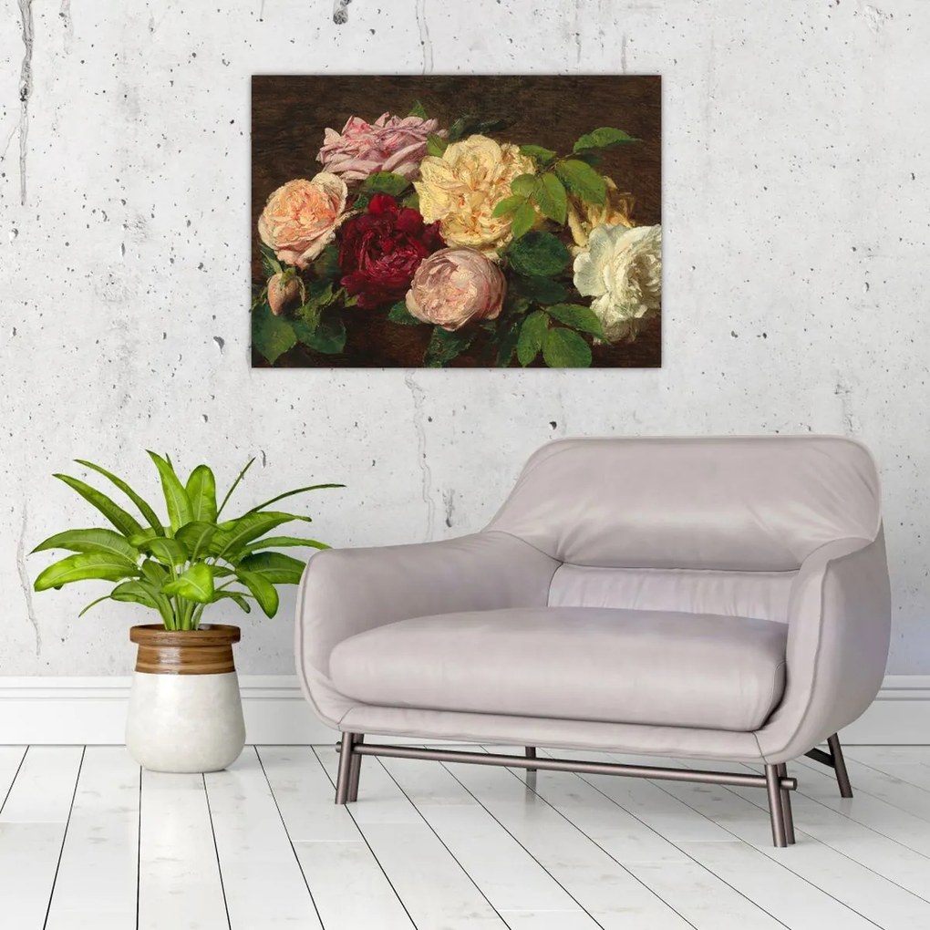 Tablou pe sticlă - Henri Fantin-Latour, Roses de Nice on a Table, reproducere (70x50 cm)