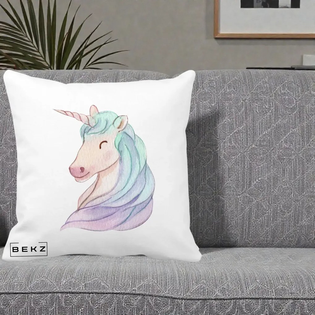 Perna Decorativa Unicorn Acuarela Pastel, 40x40 cm, Alba Mata, Husa Detasabila, Perna Inclusa, BEKZ®