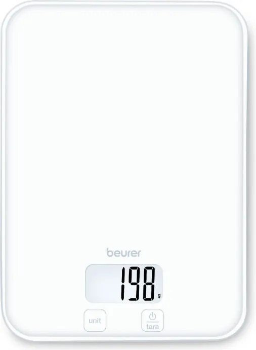 Cântar de bucătărie Beurer KS 19 Pure White, până la 5 kg, funcție TARE, comandă tactilă, ecran LCD, sticlă, ultra-subțire, roșu