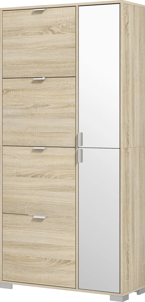 HOMCOM Etajeră pentru Pantofi cu Oglindă, 4 Sertare Rabatabile și 2 Dulapuri, 82x30x168 cm, Culoare Stejar | Aosom Romania