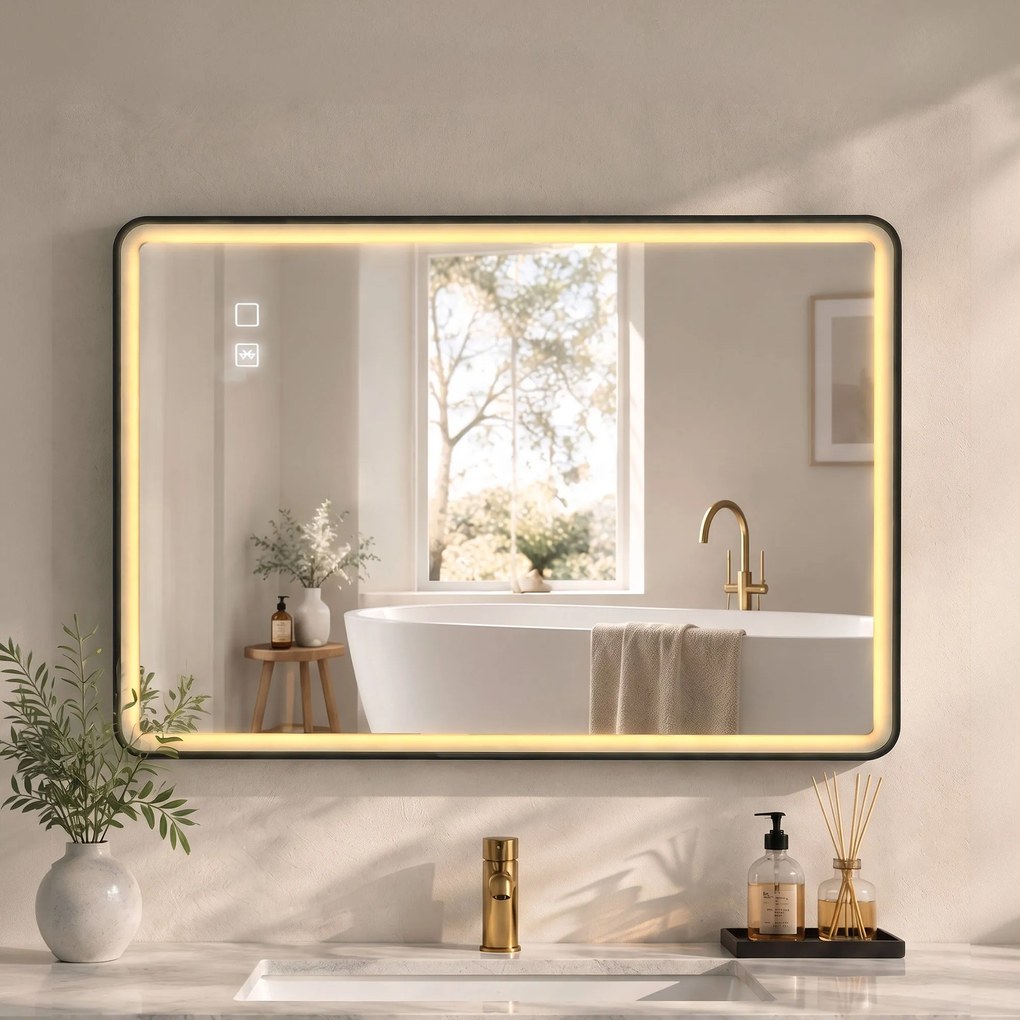 HOMCOM Oglindă de baie LED cu Bluetooth și antiaburire, 100x70 cm, negru | Aosom Romania