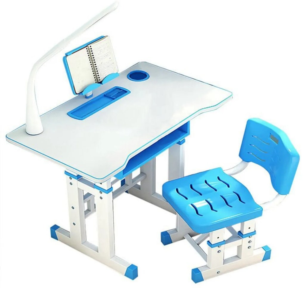 Birou copii din MDF cu lampa inclusa Novokids Premium desk, Dimensiuni 80X50X70, Cadru metalic, Albastru cu Alb