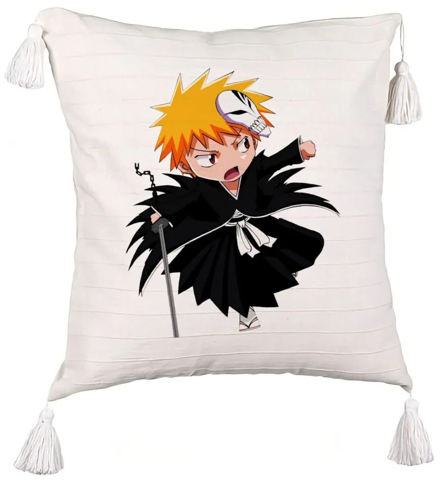 Perna Decorativa cu Franjuri cu Bleach Mini Ichigo, 45x45 cm, Ecru, Cu fermoar