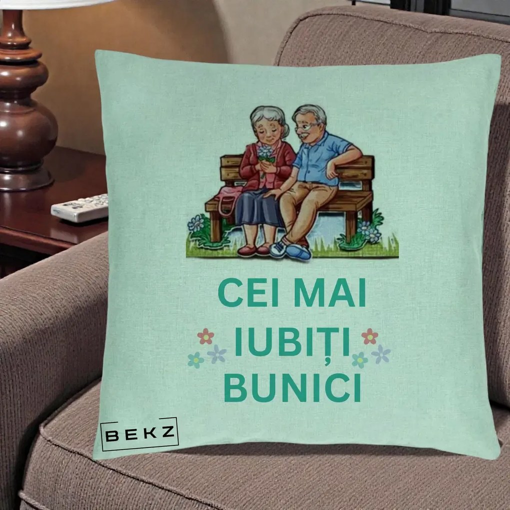 Cadou pentru Bunici - Perna Personalizata Cei Mai Iubiti Bunici Cuplu pe Banca Ilustratie, 40x40 cm, Verde Menta, Husa Detasabila, Perna Inclusa, BEKZ®