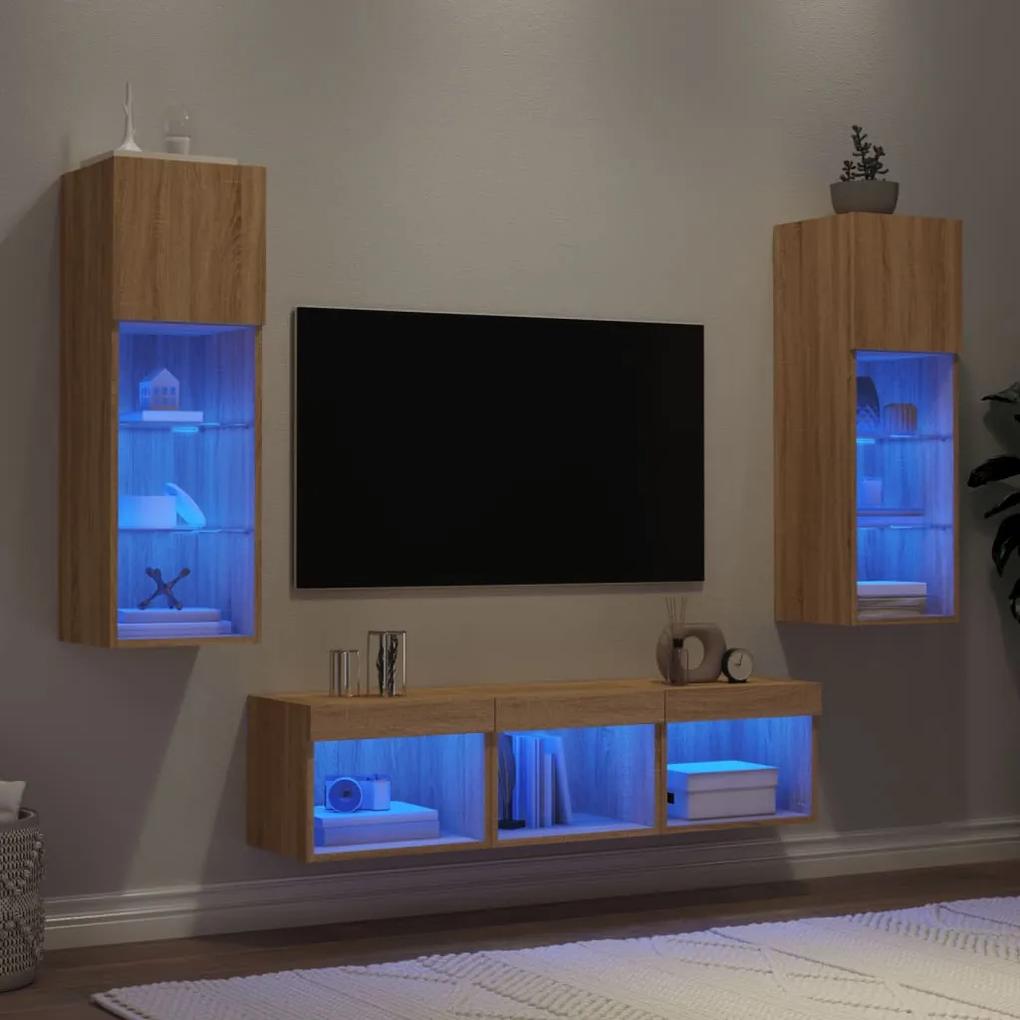 Unitati de perete TV cu LED-uri, 5 piese, stejar sonoma, lemn