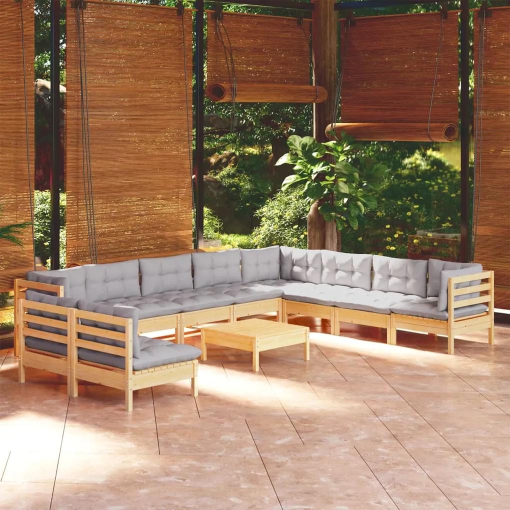 3096844 vidaXL Set mobilier de grădină cu perne, 11 piese, gri, lemn masiv pin
