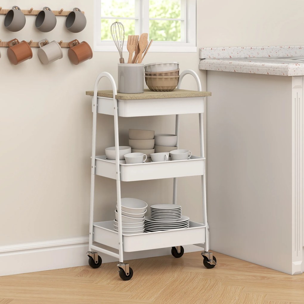 HOMCOM Cărucior pentru bucătărie, cărucior de servire cu 3 nivele, blat superior, coșuri, mânere, 45 x 32 x 77,5 cm stejar | Aosom Romania