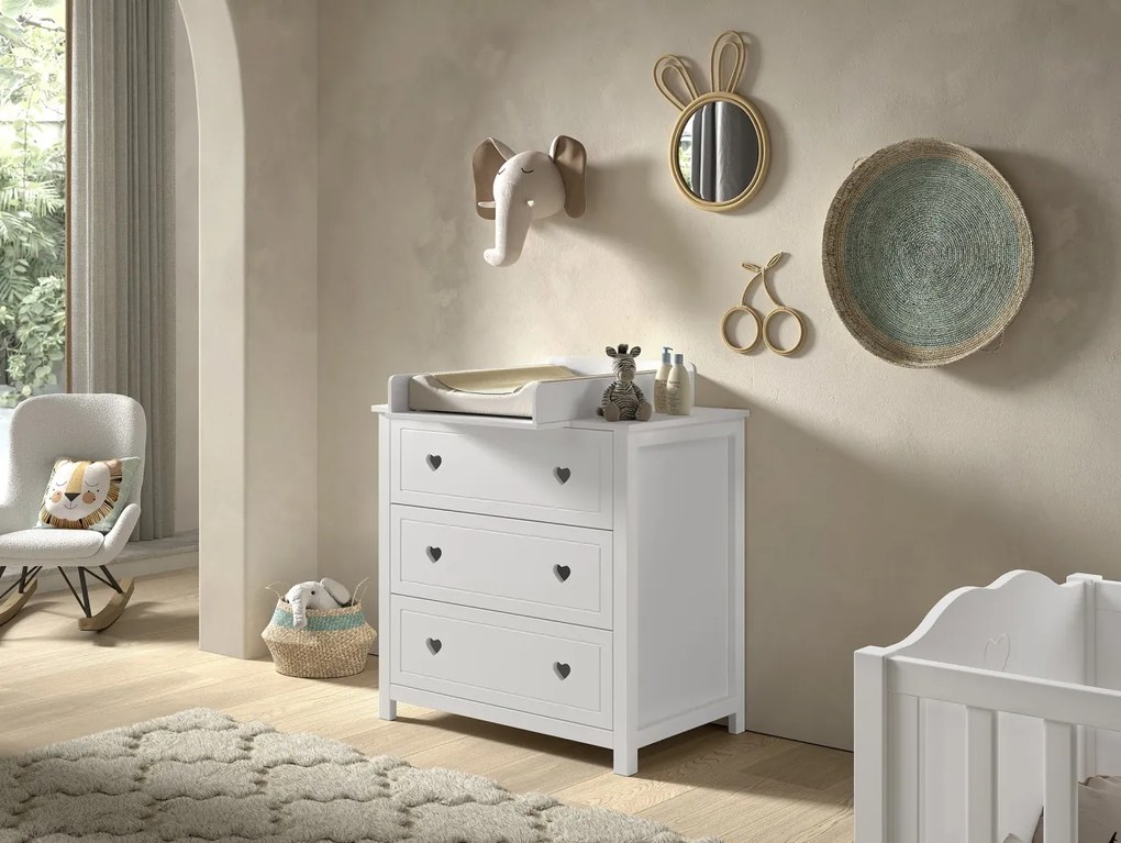 Masă de Înfășat/Extensie pentru Comodă AMORI, Alb (Pin Masiv și MDF), Design Romantic – Vipack