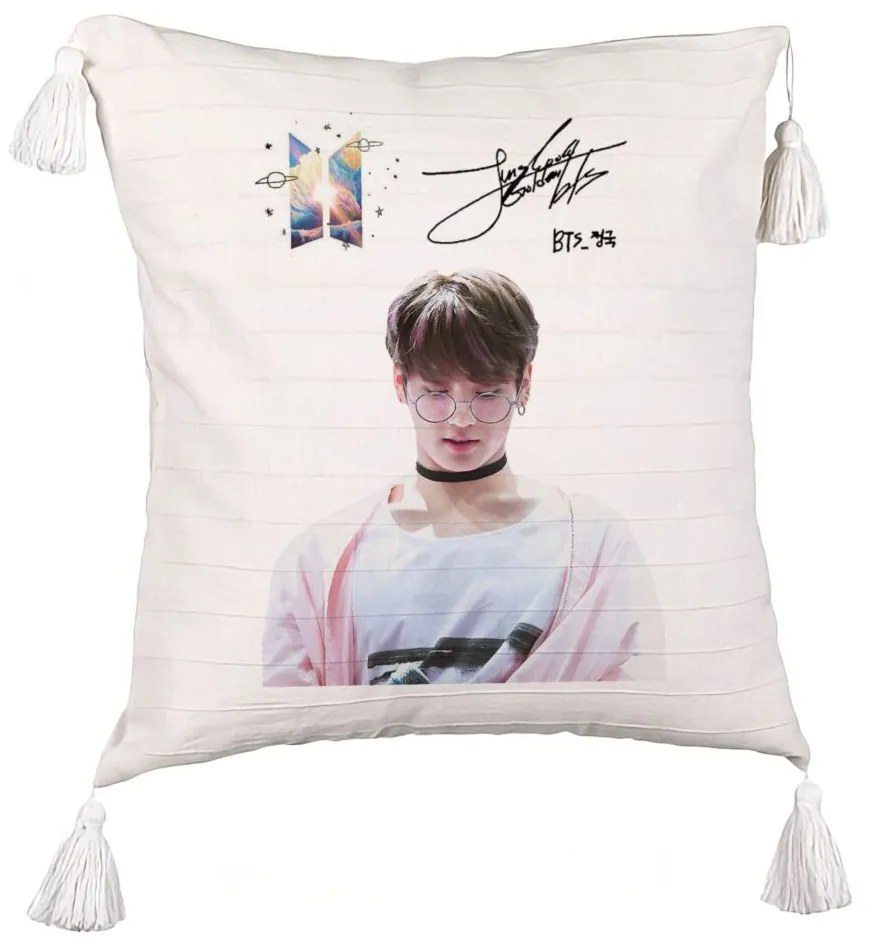 Perna Decorativa cu Franjuri BTS Jungkook 2, 45x45 cm, Ecru, Cu fermoar