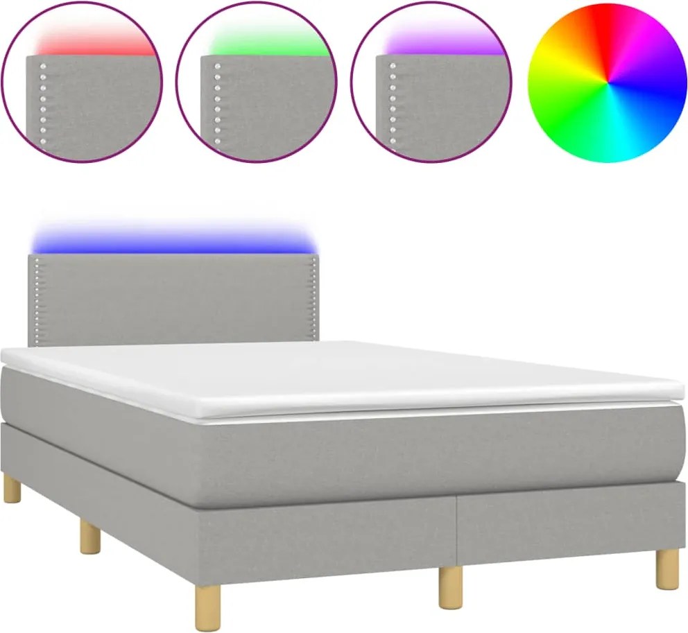 vidaXL Pat cu arcuri, saltea și LED, gri deschis, 120x190 cm, textil