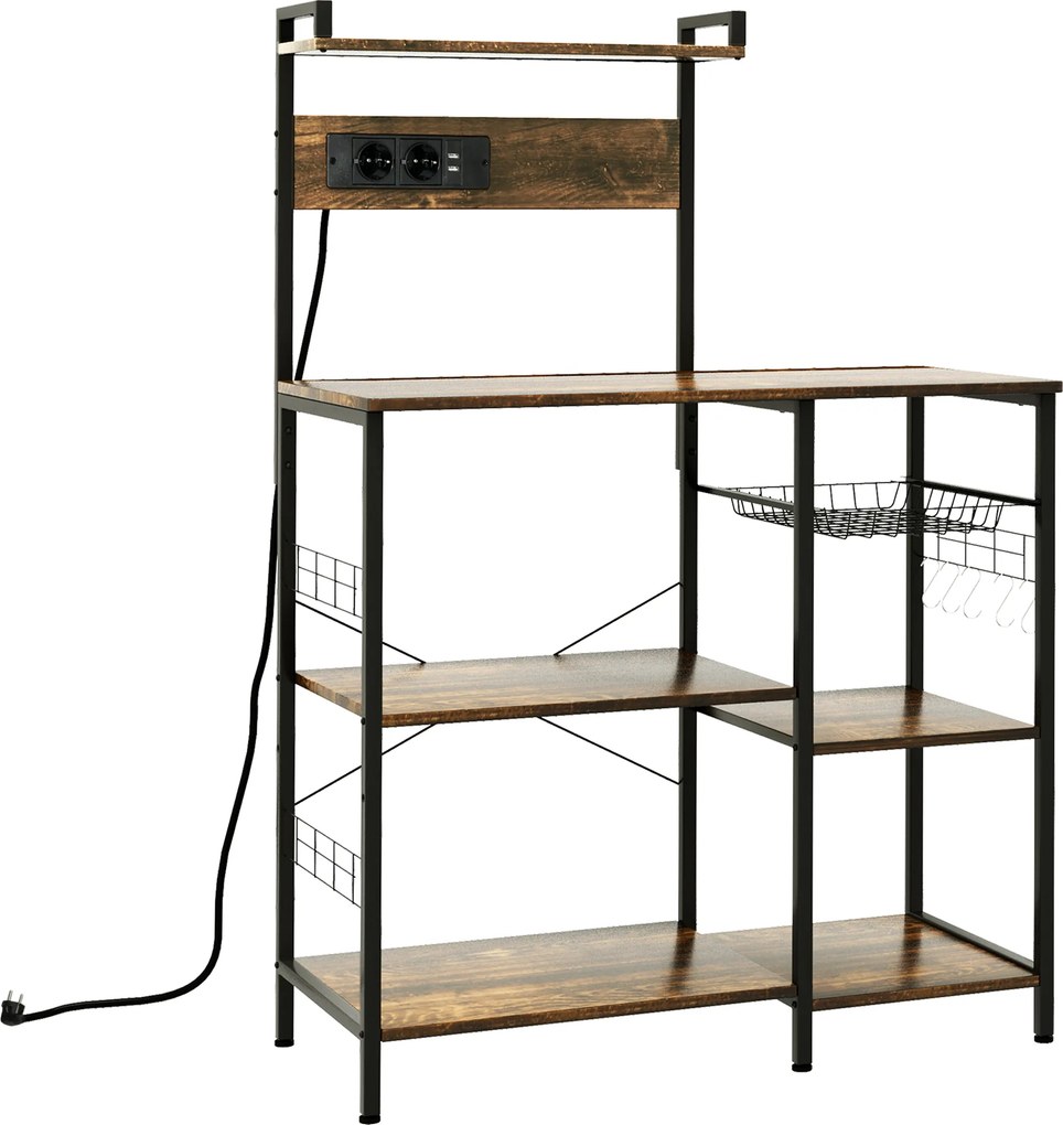 HOMCOM Raft de Bucatarie cu Prize Mutiple, Dulap Bucatarie pentru Microunde cu Rafturi si Cos din Sarma Stil Industrial, 90x42x130cm, Maro