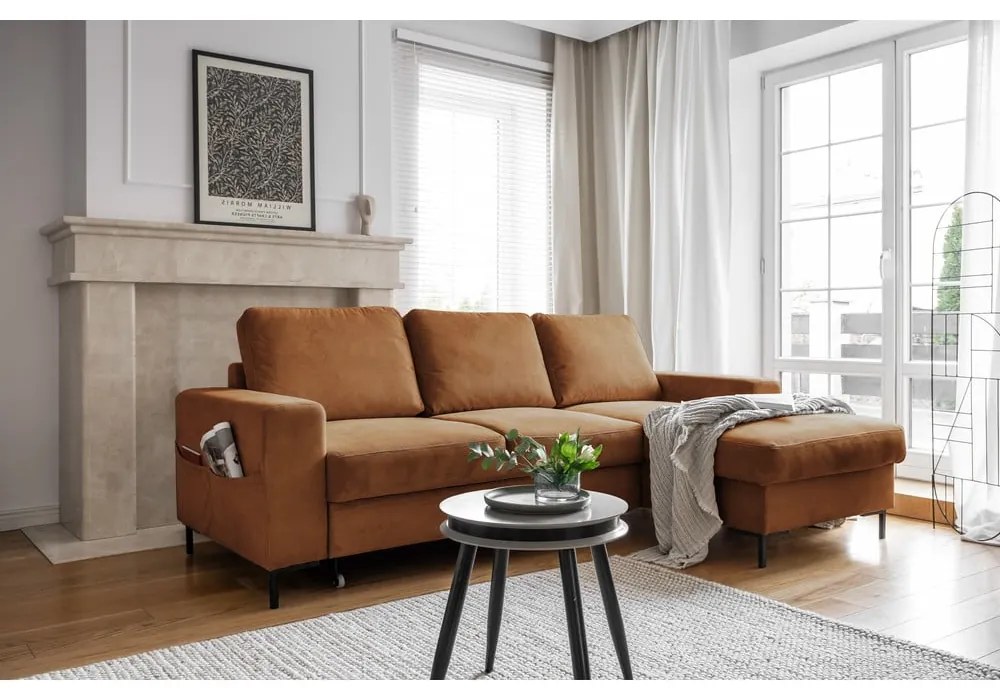 Colțar portocaliu/maro extensibil cu tapițerie din catifea reiată (cu colț pe partea dreaptă) Lofty Lilly – Miuform