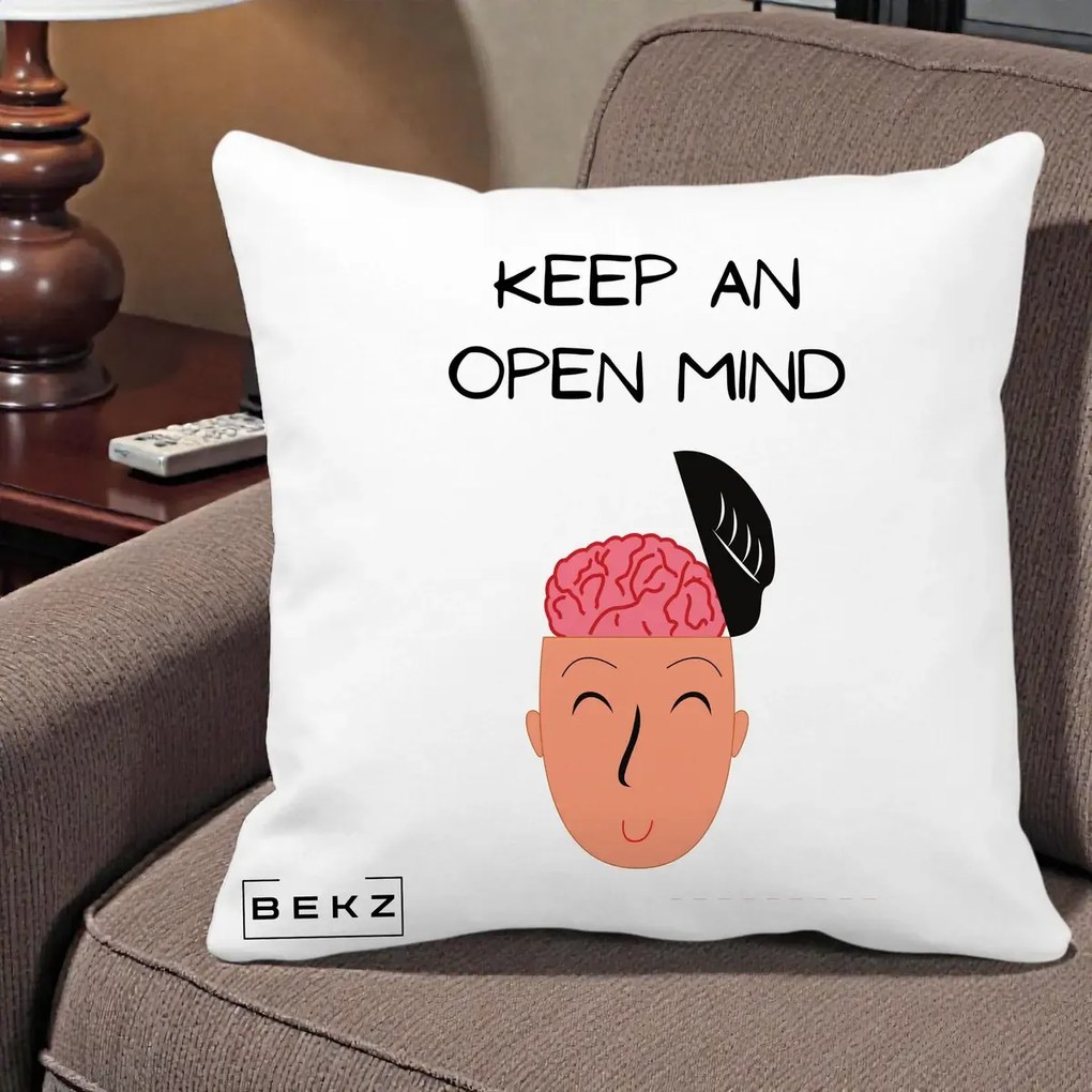 Perna Decorativa Keep An Open Mind, 40x40 cm, Alba Mata, Husa Detasabila, Perna Inclusa, BEKZ®