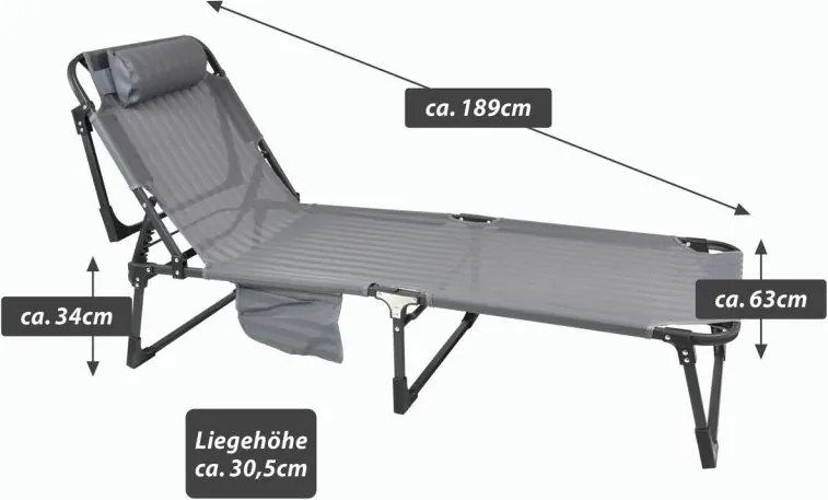 Șezlong pliabil cu pernă, gri, 189 x 63 x 34 cm