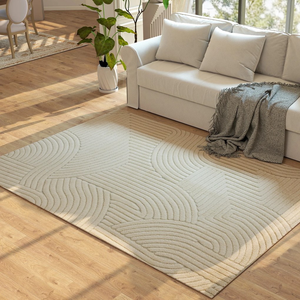HOMCOM Covor Modern Antiderapant din Poliester și Bumbac cu Design Liniar, pentru Living, Dormitor, Crem | Aosom Romania
