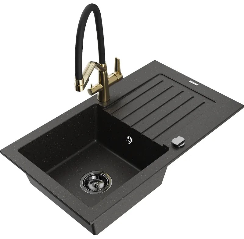 Mexen Pablo chiuvetă de granit cu o cuvă, blat de scurgere și baterie de bucătărie Duo, negru/auriu metalic