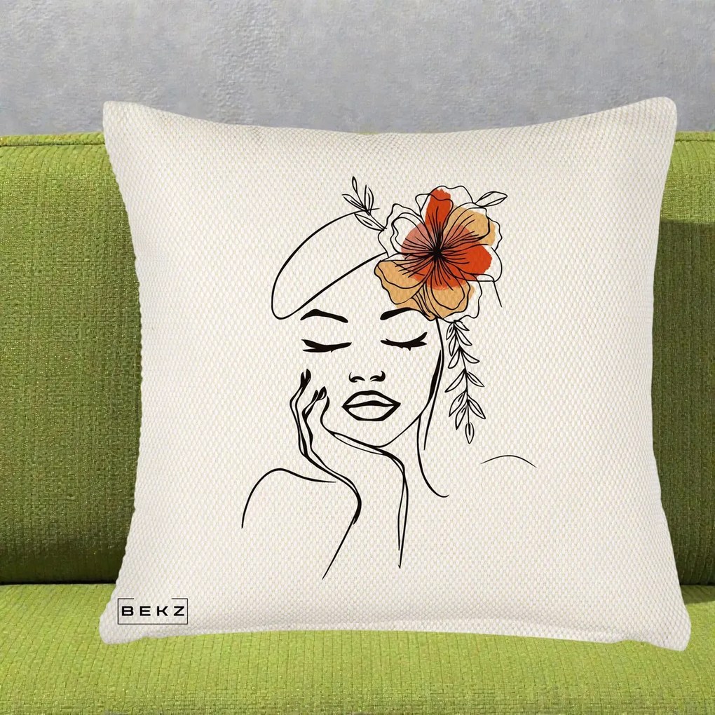 Perna Decorativa Portret Feminin Flori Palarie, 40x40 cm, Crem Reliefat, Husa Detasabila, Perna Inclusa, BEKZ®