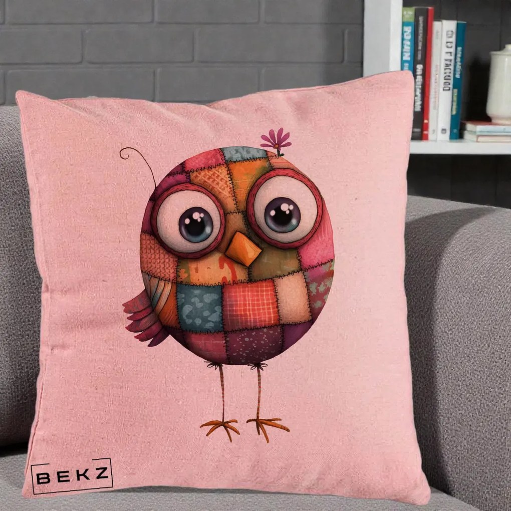 Perna Decorativa Pasare Patchwork Roz cu Floare, 40x40 cm, Roz, Husa Detasabila, Perna Inclusa, BEKZ®