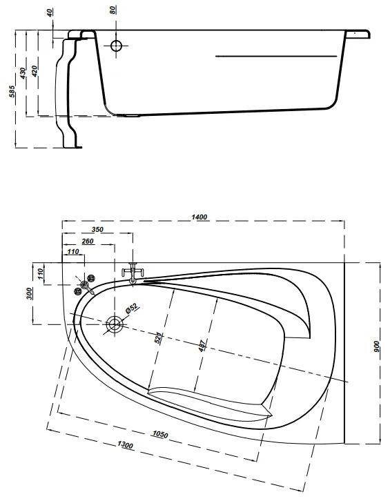 Cada baie pe colt Cersanit Joanna New, 140 x 90 cm, asimetrica, orientare dreapta, alba 1400x900 mm, Dreapta