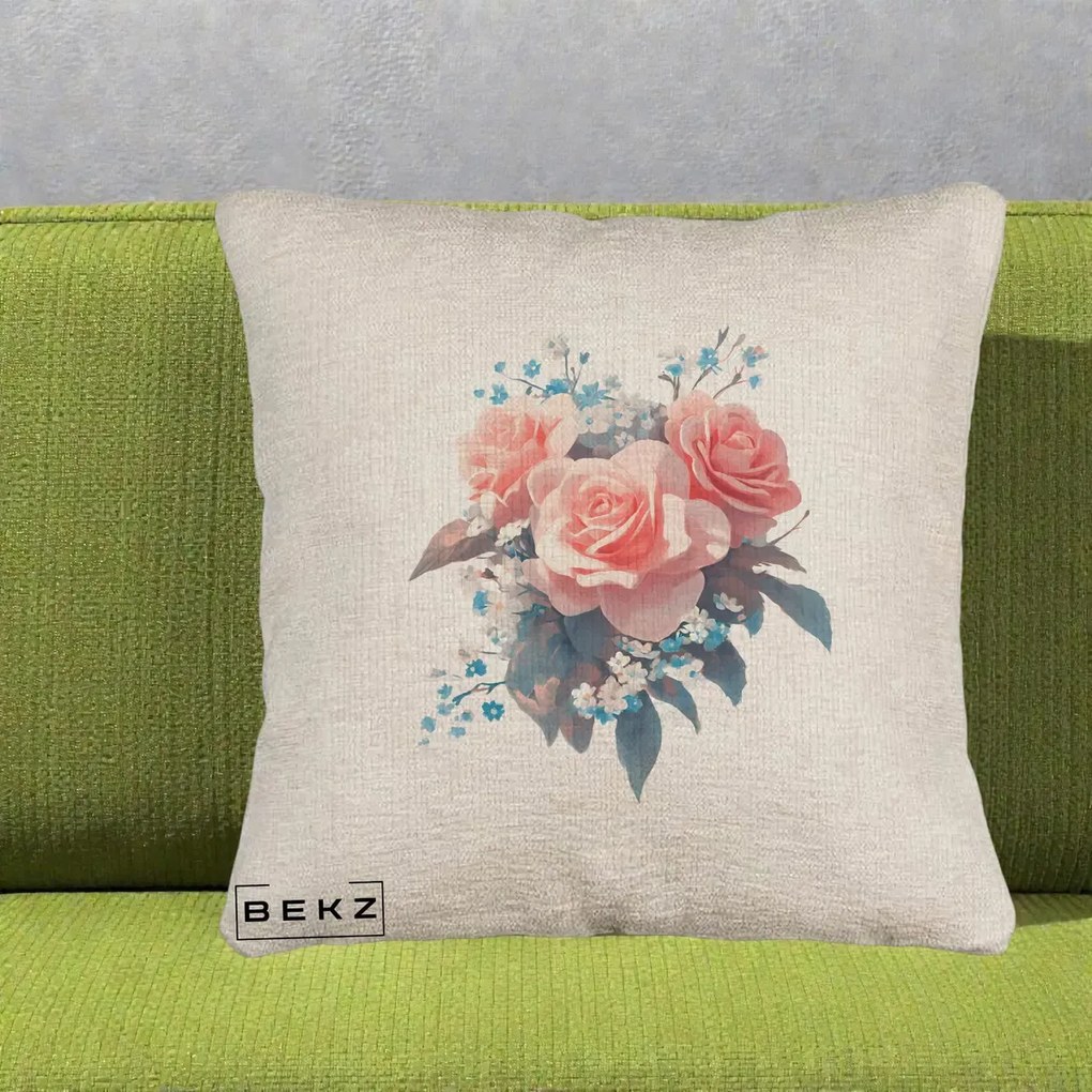 Perna Decorativa Trandafiri Roz cu Floricele Albastre, 40x40 cm, Bej Canapea, Husa Detasabila, Perna Inclusa, BEKZ®