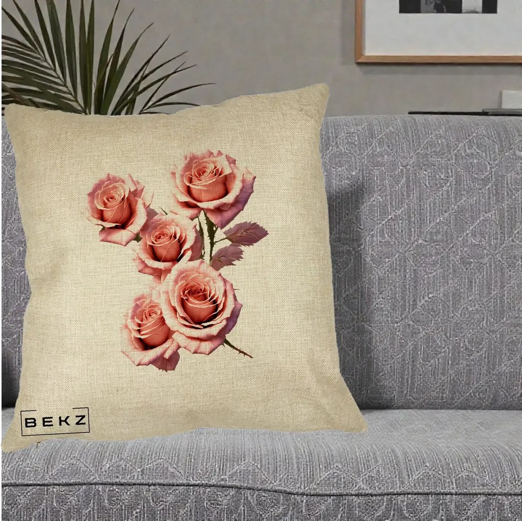 Perna Decorativa Trandafiri Roz Pastel Acuarela, 40x40 cm, Crem, Husa Detasabila, Perna Inclusa, BEKZ®