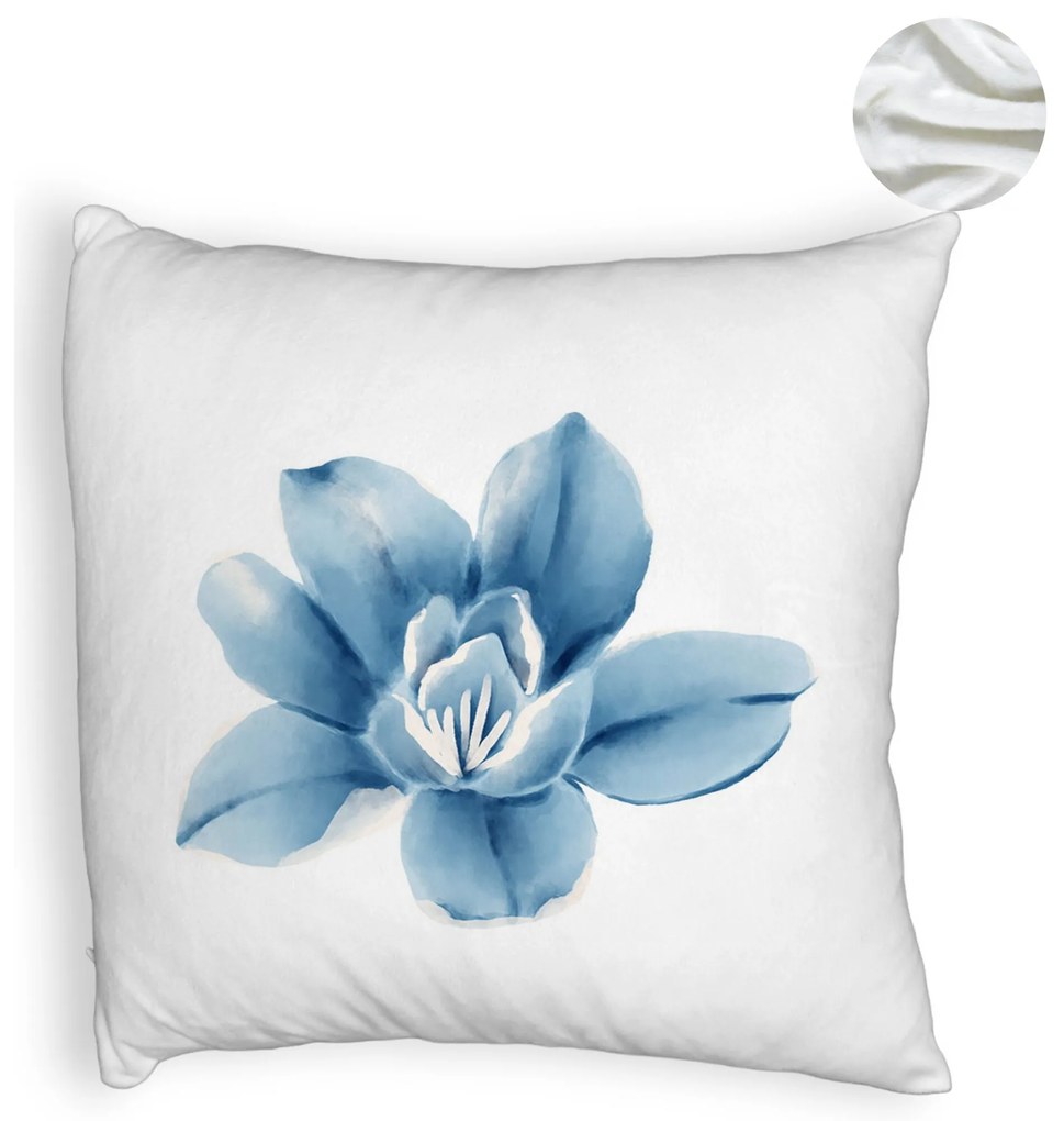 Perna Decorativa Fluffy, Model Florale Blue Flower, 40x40 cm, Alba, Husa Detasabila, Burduf