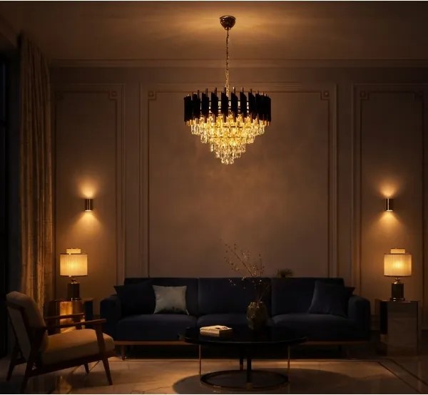 Candelabru cu lanț CRISTAL 7xE14/10W/230V Ø 48 cm negru/auriu