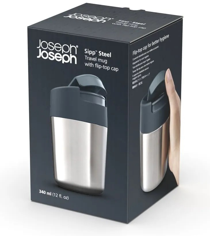 Cană de voiaj argintiu-albastru 340 ml Sipp – Joseph Joseph