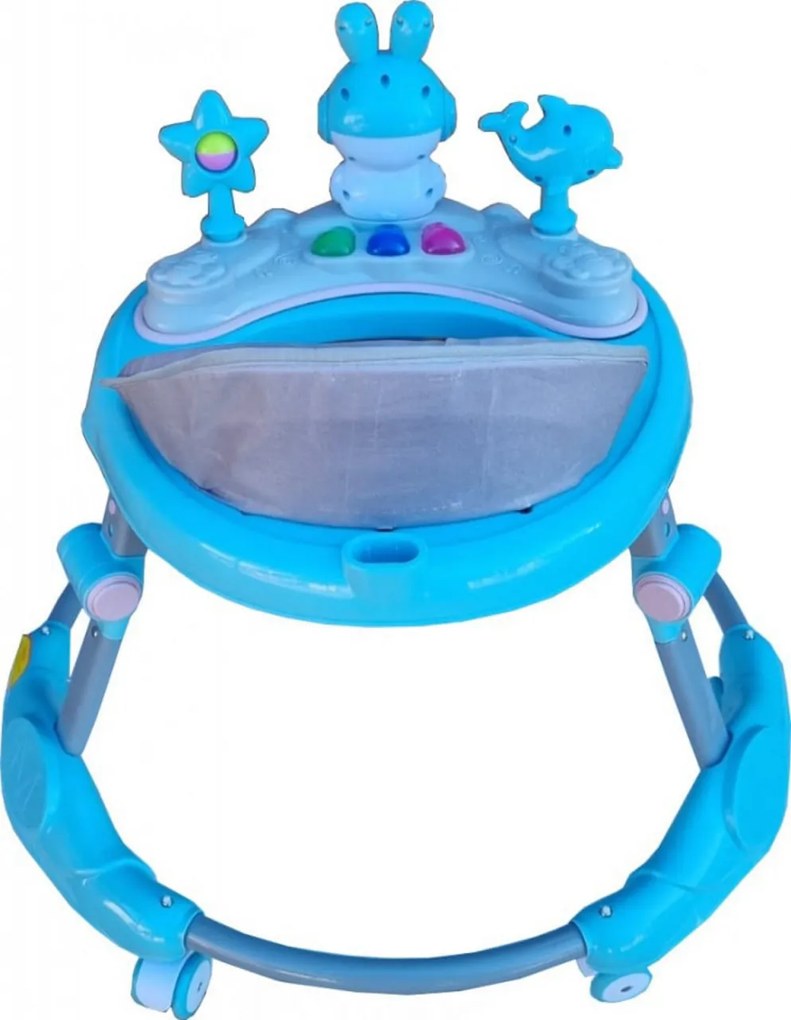 Premergator reglabil in 6 trepte de inaltime NOVOKIDS™ Happy Bunny, Cu melodii si lumini, Pliabil, Max 20 kg, Roti silentioase, Model Iepuras,