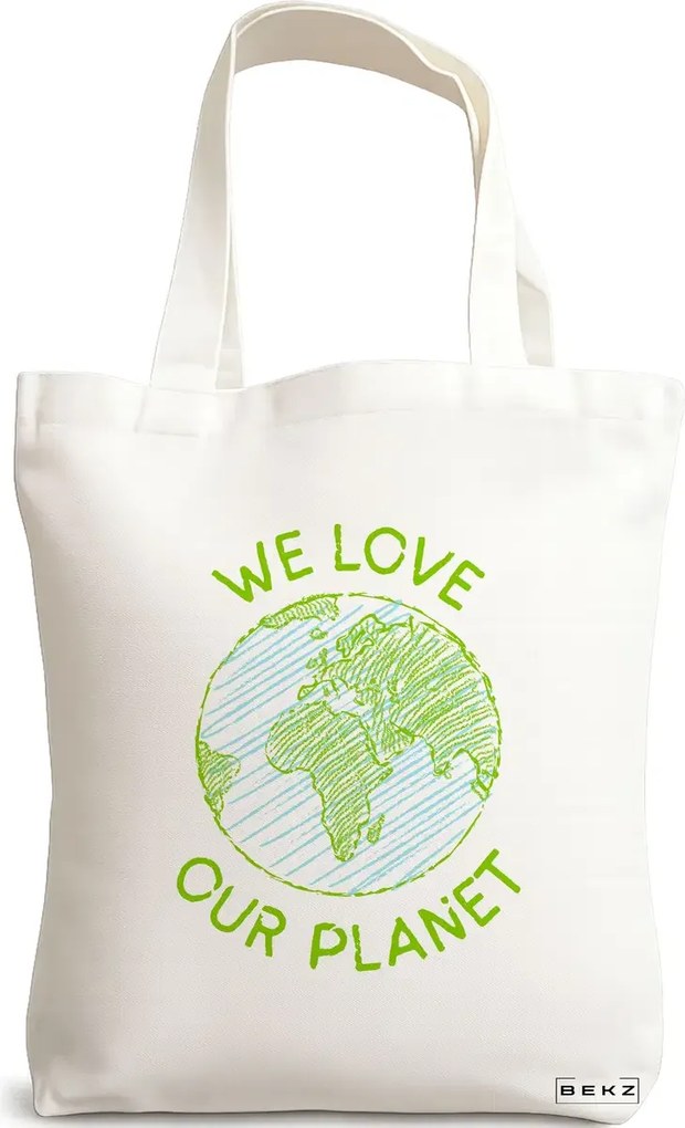 Sacosa de Panza pentru Cumparaturi, Geanta Tote, model We Love Our Planet, 38x34.5 cm, Alba, BEKZ®