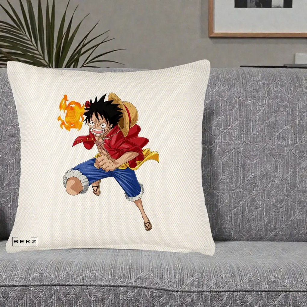 Perna Personalizata One Piece Luffy Gear Second Foc, 40x40 cm, Crem Reliefat, Husa Detasabila, Perna Inclusa, BEKZ®