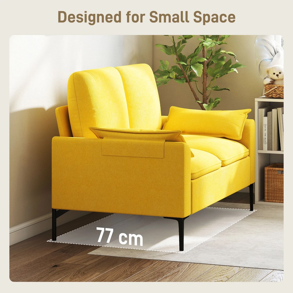 HOMCOM Divan cu Două Locuri Îmbunătățit în Material Textil de Tip Spugna cu Perne Detașabile, Divan Compact Modern cu Brațe și Picioare Metalice pentru Sufragerie, Dormitor, 130x77x84 cm, Galben | Aosom Romania