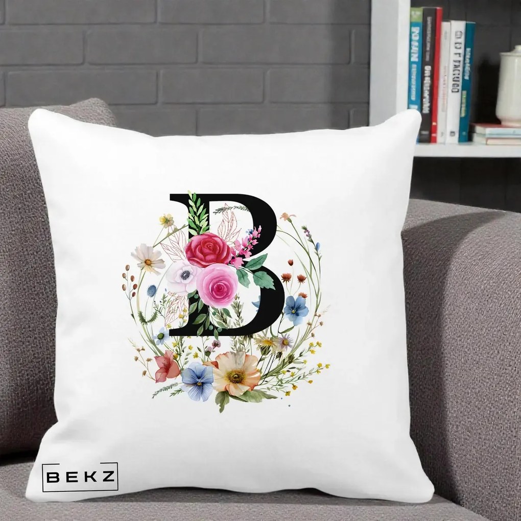 Cadou Personalizat - Perna Personalizata Monogram Litera B cu Flori Acuarela, 40x40 cm, Alba Mata, Husa Detasabila, Perna Inclusa, BEKZ®