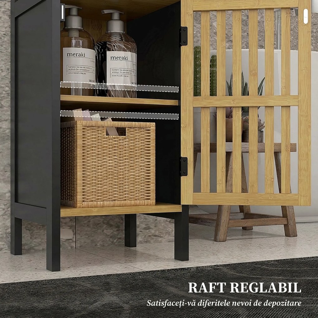 HOMCOM Dulap de Depozitare Îngust, Dulap de Baie Mic din Bambus cu Compartiment Deschis și Raft Reglabil, 32x30x90.5 cm, Negru | Aosom Romania