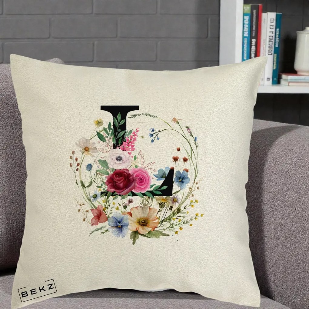 Cadou Personalizat - Perna Personalizata Monogram Litera L cu Flori Acuarela, 40x40 cm, Ecru, Husa Detasabila, Perna Inclusa, BEKZ®