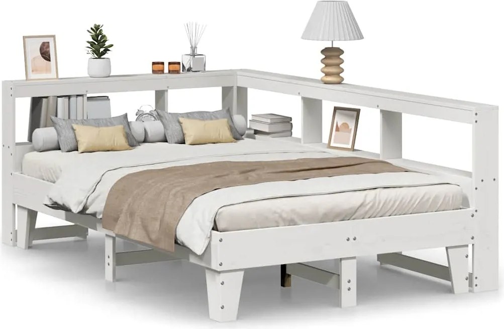 vidaXL Pat cu bibliotecă fără saltea, alb, 120x190 cm, lemn masiv pin