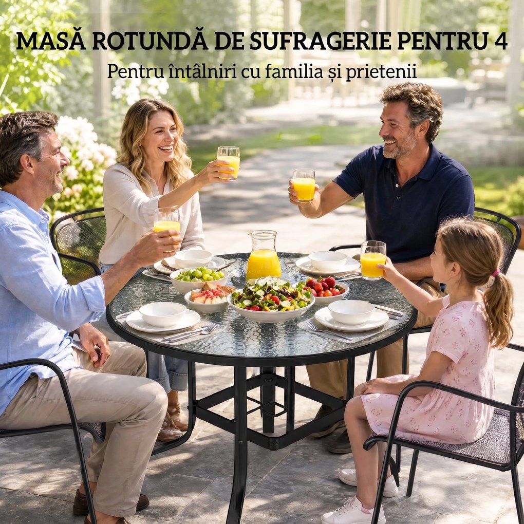 Outsunny Masă Rotundă de Grădină pentru Maxim 4 Persoane cu Gaură pentru Umbrelă, Ø96,5x71 cm, Negru | Aosom Romania