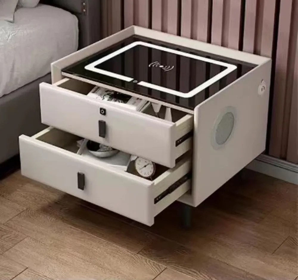 Noptiera inteligenta multifunctionala, iluminare LED tactil, blocare amprentă, incarcare wireless si USB, difuzor Bluetooth, catifea, Bej