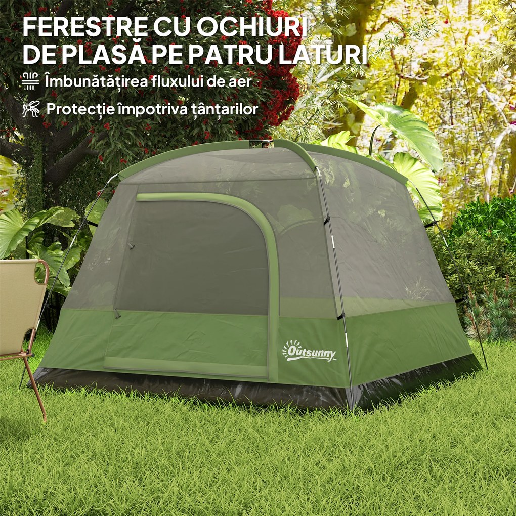 Outsunny Cort de Camping pentru 3 Persoane cu Buzunare și Geantă de Transport, 200x200x135 cm, Verde | Aosom Romania