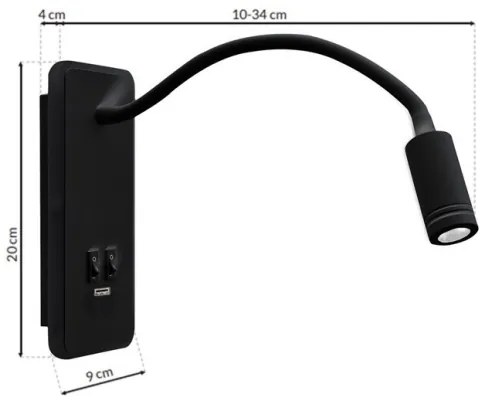 Lampă LED de perete flexibilă cu USB BASE LED/8W+LED/2W/230V, neagră