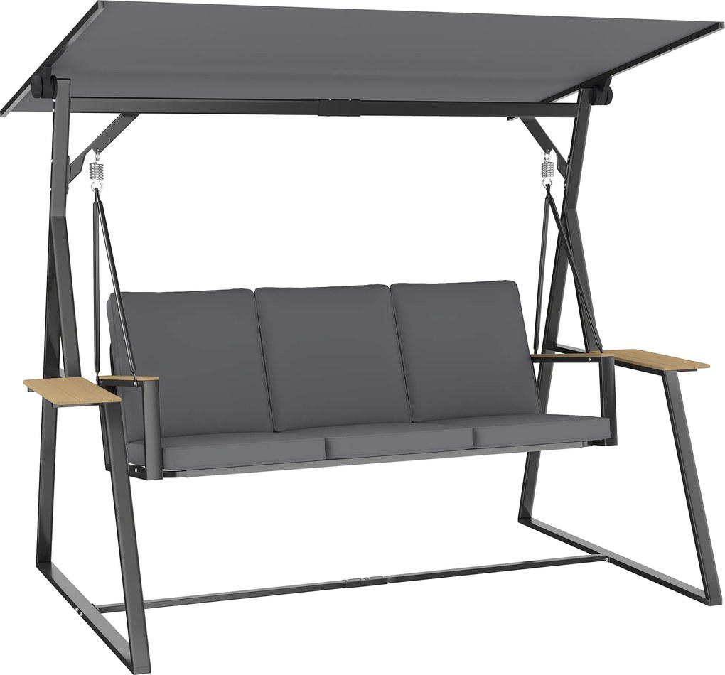 Outsunny Balansoar exterior de grădină cu 3 locuri, acoperiș reglabil, 2 tăvi, perne și cadru metalic, sarcină 360 kg, gri | Aosom Romania