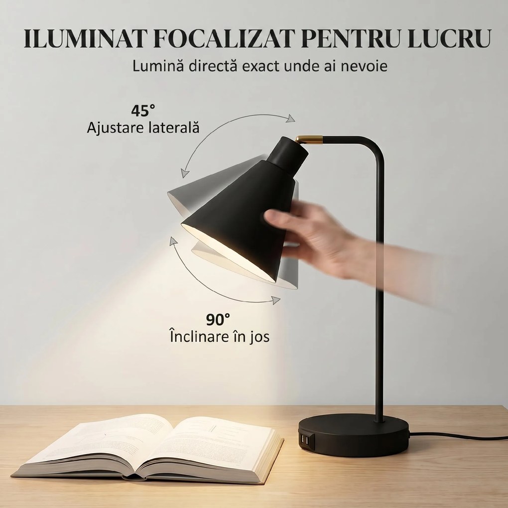 HOMCOM Set de 2 Lămpi de Masă Moderne din Oțel cu Porturi USB, E27, Becurile Nu Sunt Incluse, Negru | Aosom Romania
