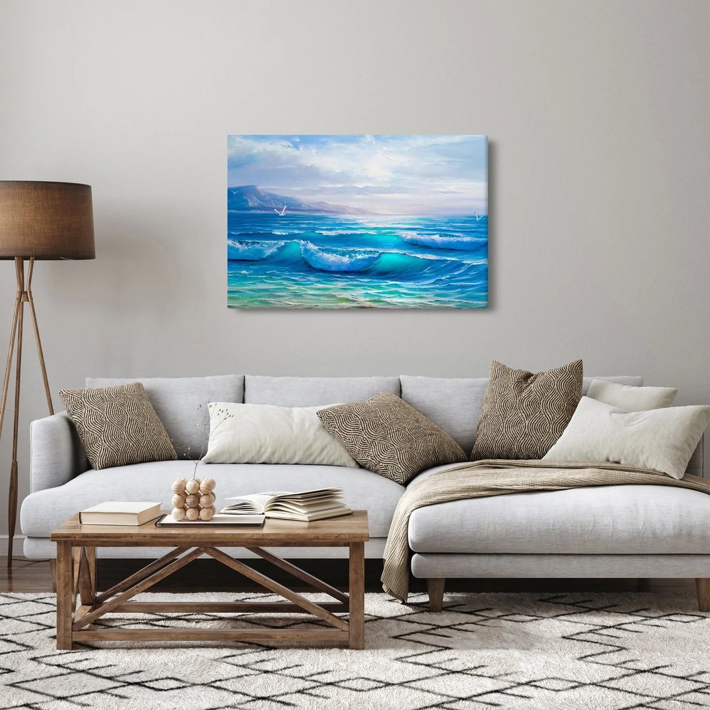 Tablou - Pictură în ulei de mare cu pescăruși (90x60 cm)