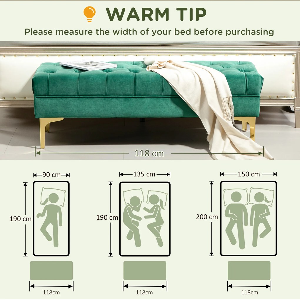 HOMCOM Bancă Hol, cu Husă Capitonată din Catifea cu Picioare Metalice pentru intrare, dormitor sau sufragerie, 118x45x42 cm, Verde | Aosom Romania