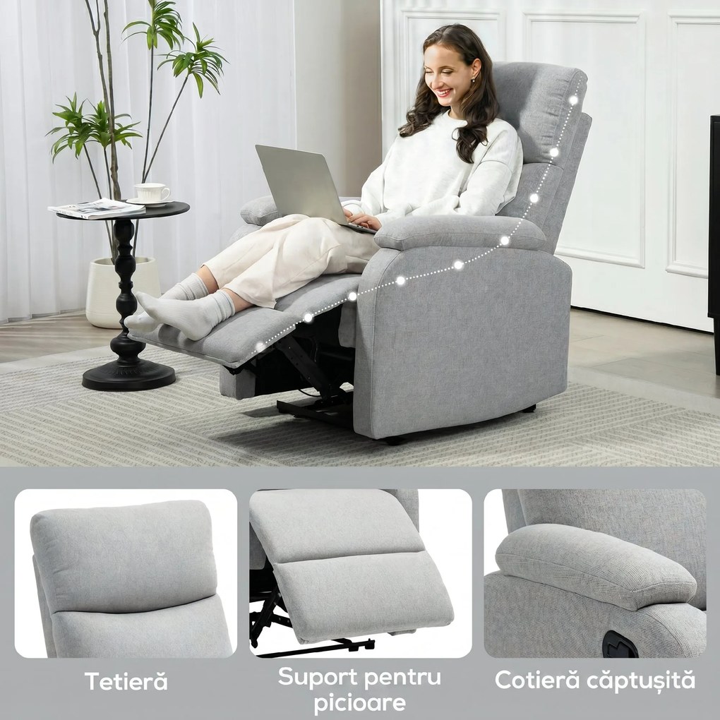 HOMCOM Fotoliu Recliner din In cu Suport Reglabil pentru Picioare, 69x91,5x103 cm, Gri | Aosom Romania