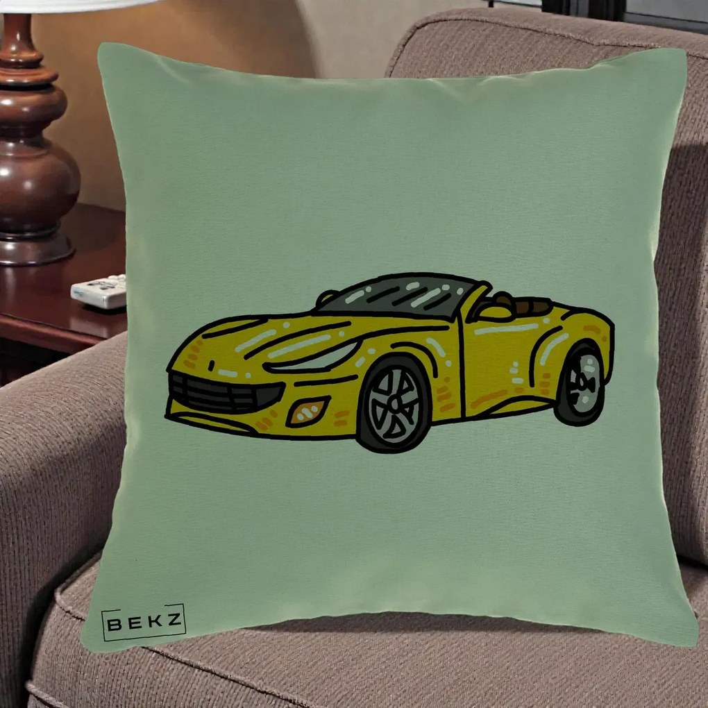 Perna Personalizata Masina Cabriolet Galbena Grafic, 40x40 cm, Verde, Husa Detasabila, Perna Inclusa, BEKZ®