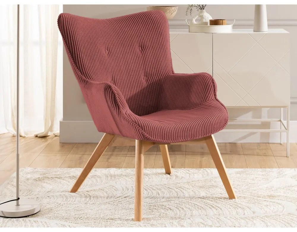 Fotoliu cu taburet roșu cu tapițerie din catifea reiată Niko – Ropez