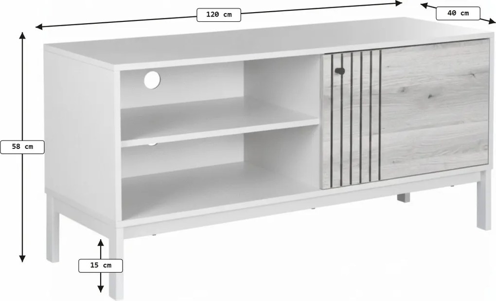 OFERTA Dulap TV FROST 120x40 cm alb, decor stejar alpin clasa II.