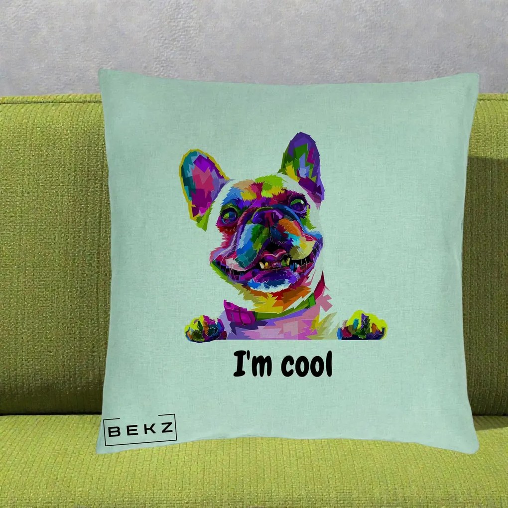 Perna Personalizata Bulldog Francez I'm Cool, 40x40 cm, Verde Menta, Husa Detasabila, Perna Inclusa, BEKZ®