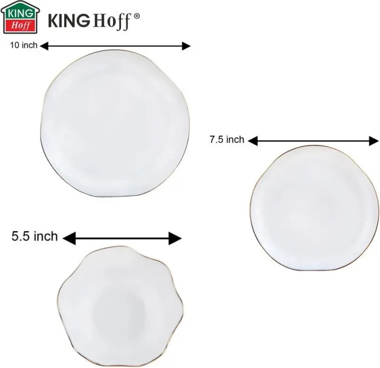 Set de masă Kinghoff KH 2037, 18 piese, pentru 6 persoane, sticlă opală, margine aurie, alb